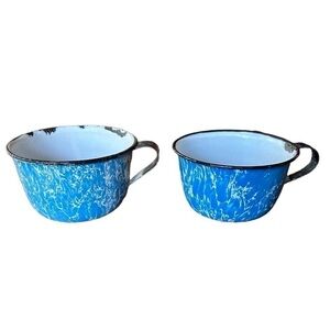 Set of 2 Vintage Enamelware Blue White Swirl Graniteware Cups Mugs with Handles